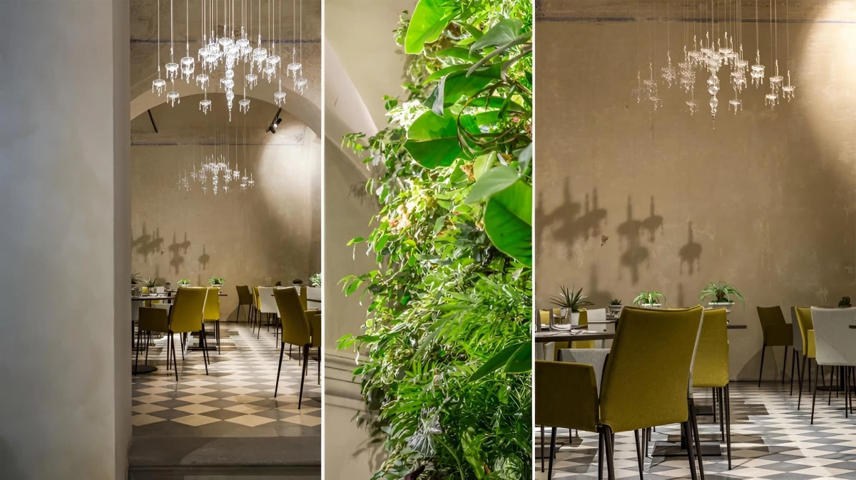 Fotografia professionale di interni di ristorante con illuminazione e arredamento elegante