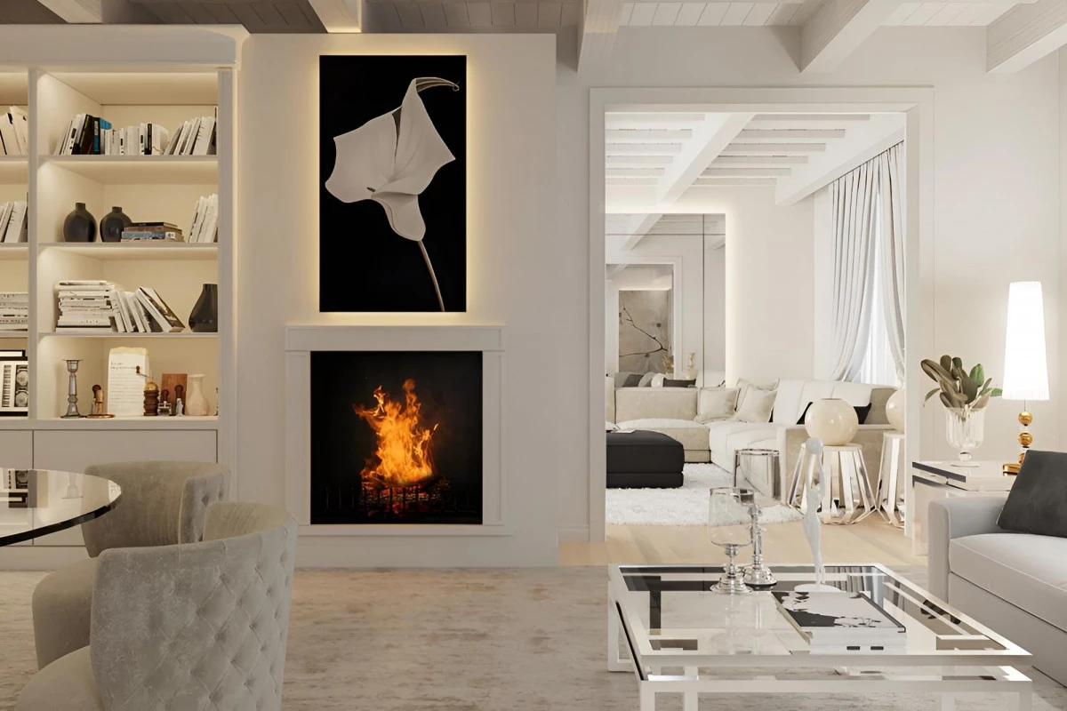 Render 3D di soggiorno moderno con camino e arredamento di design