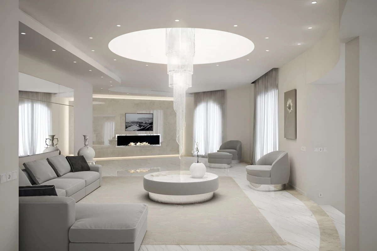 Render 3D di soggiorno moderno con ampie finestre e arredo contemporaneo